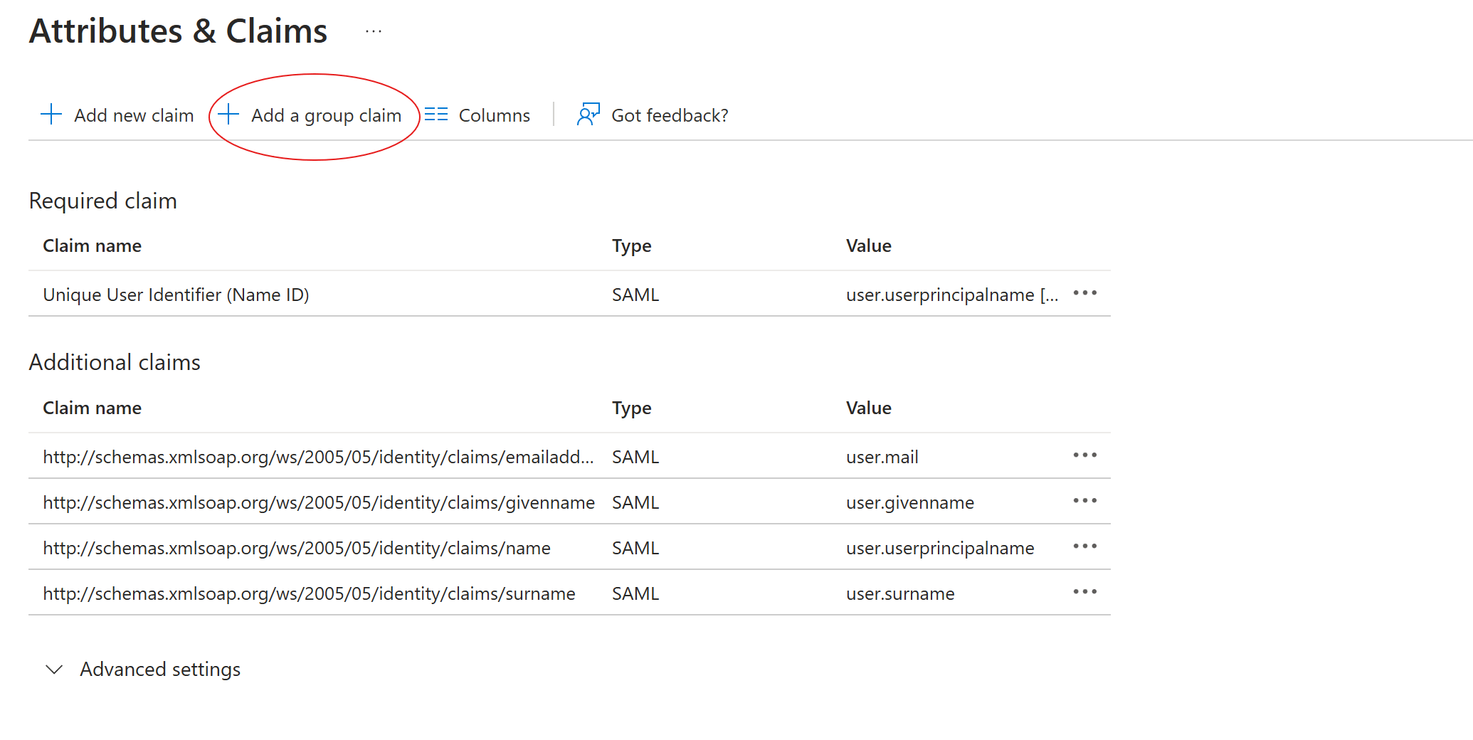 Attributes & Claims page with Add a group claim highlighted