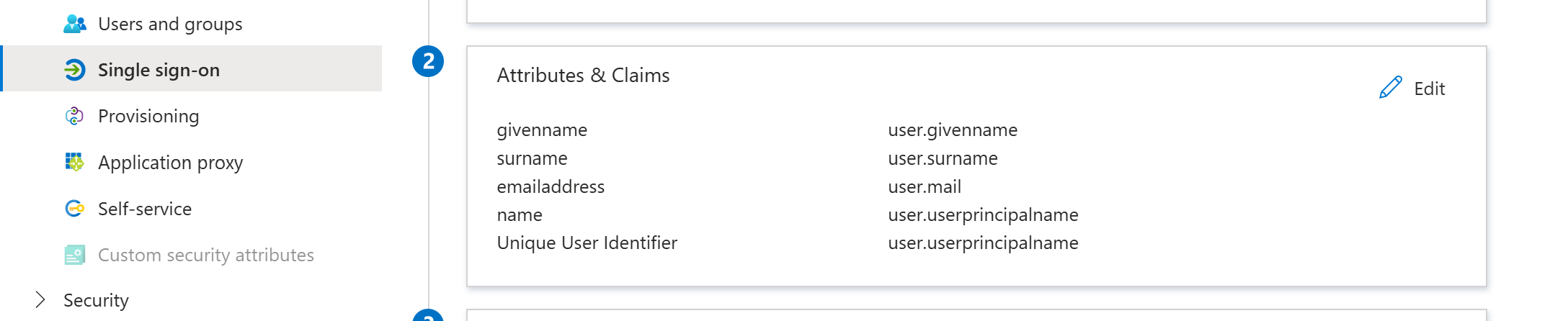 Attributes & Claims section on the SAML-based Sign-on page with the Edit button