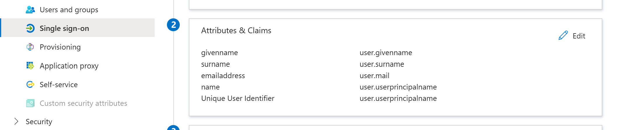 Attributes & Claims section on the SAML-based Sign-on page with the Edit button