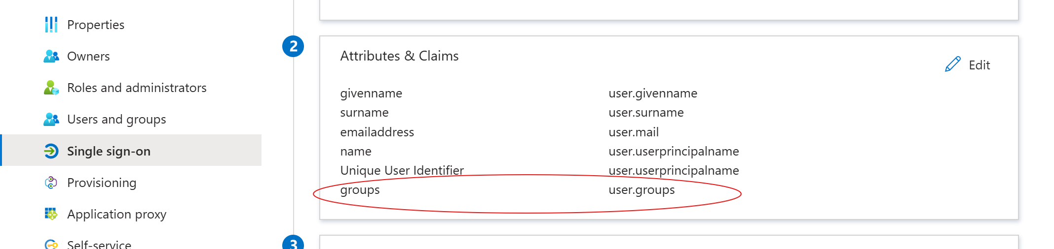 Attributes & Claims summary showing groups mapped to user.groups
