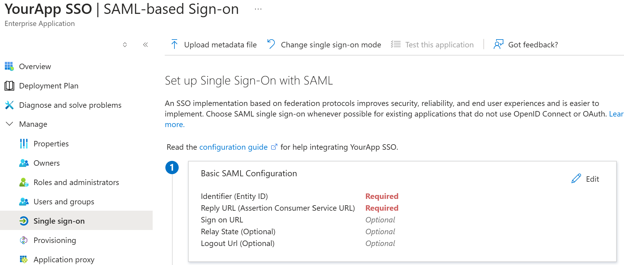 SAML-based Sign-on page showing the Basic SAML Configuration section with Identifier, Reply URL, Sign on URL, Relay State, and Logout URL fields