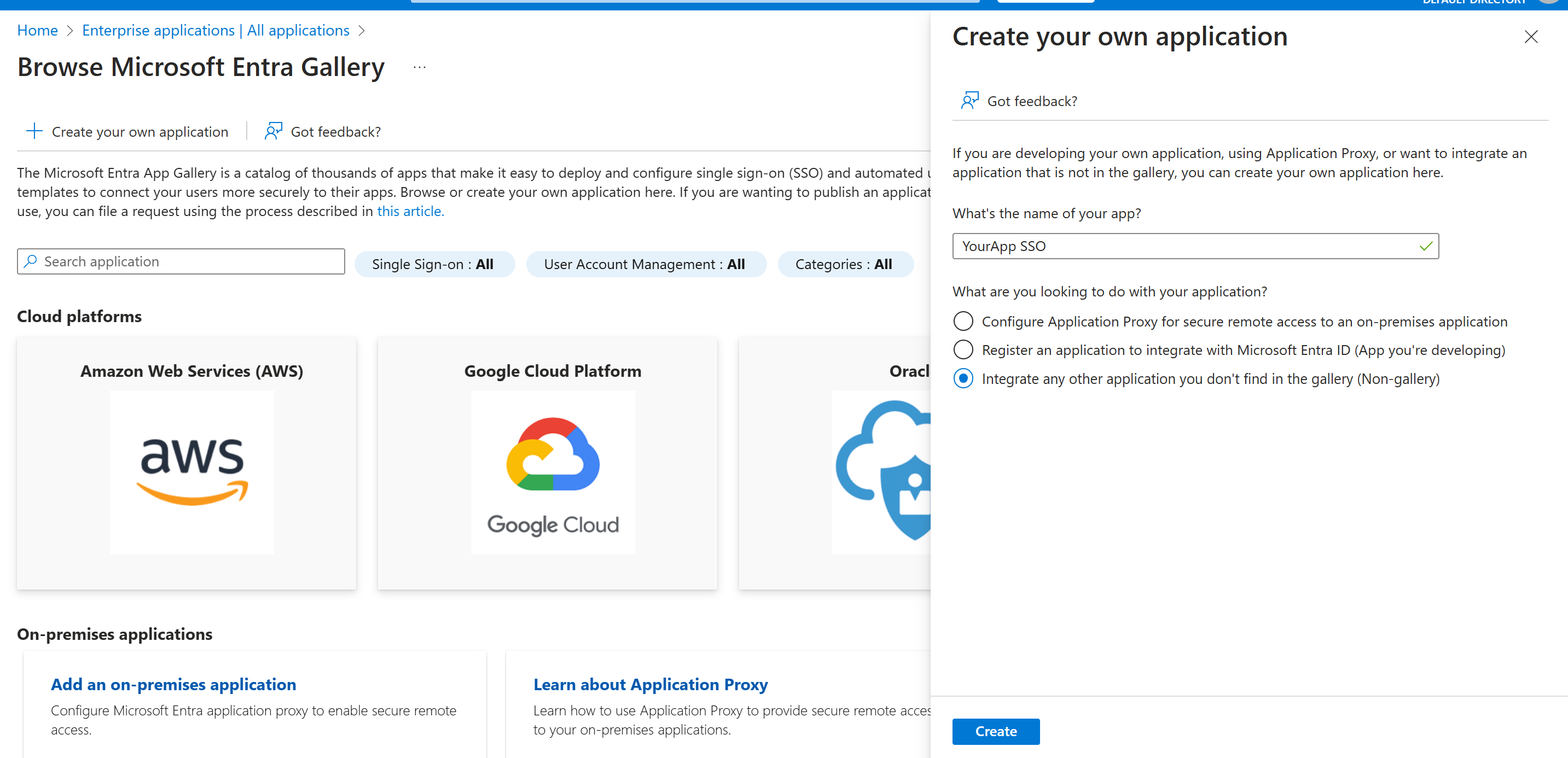 Create your own application panel with an app name entered and the Non-gallery option selected