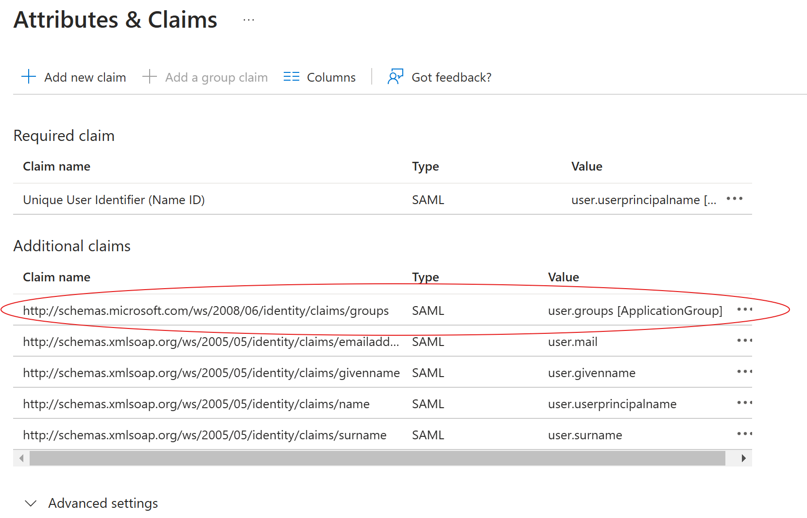 Attributes & Claims page listing the new groups claim with the value user.groups [ApplicationGroup]
