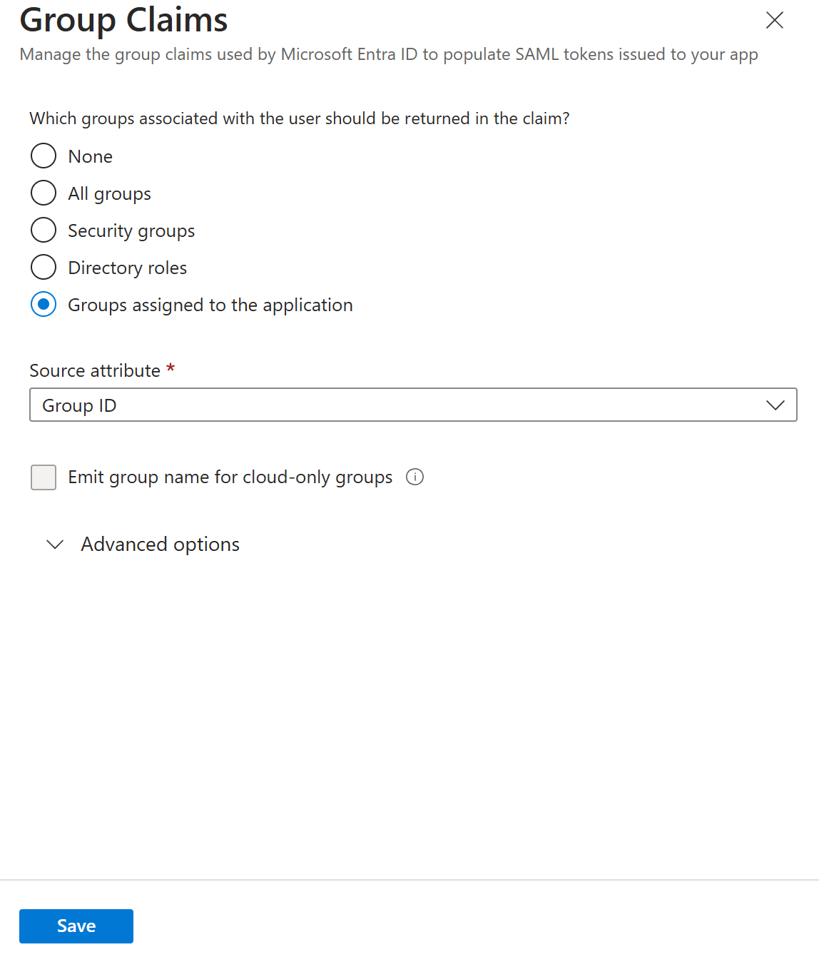 Group Claims panel with Groups assigned to the application selected and Source attribute set to Group ID