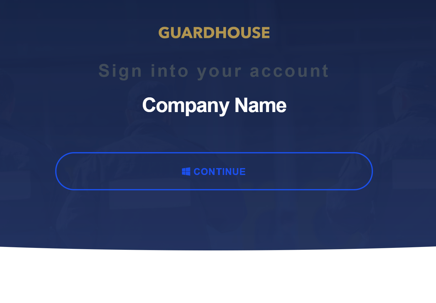 Guardhouse sign-in page showing a company name above a Continue button with the Microsoft logo