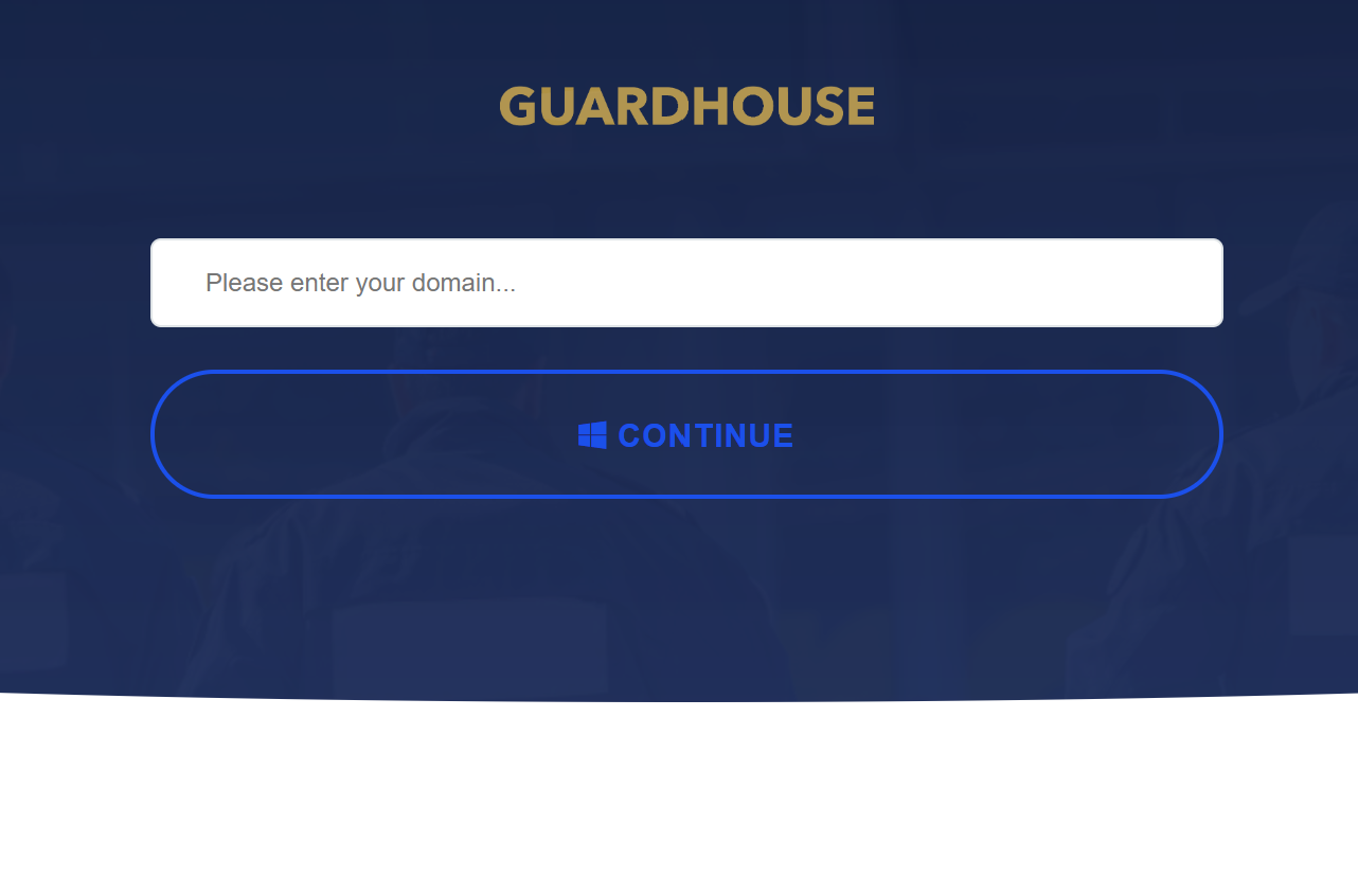 Guardhouse sign-in page with a domain input field and a Continue button