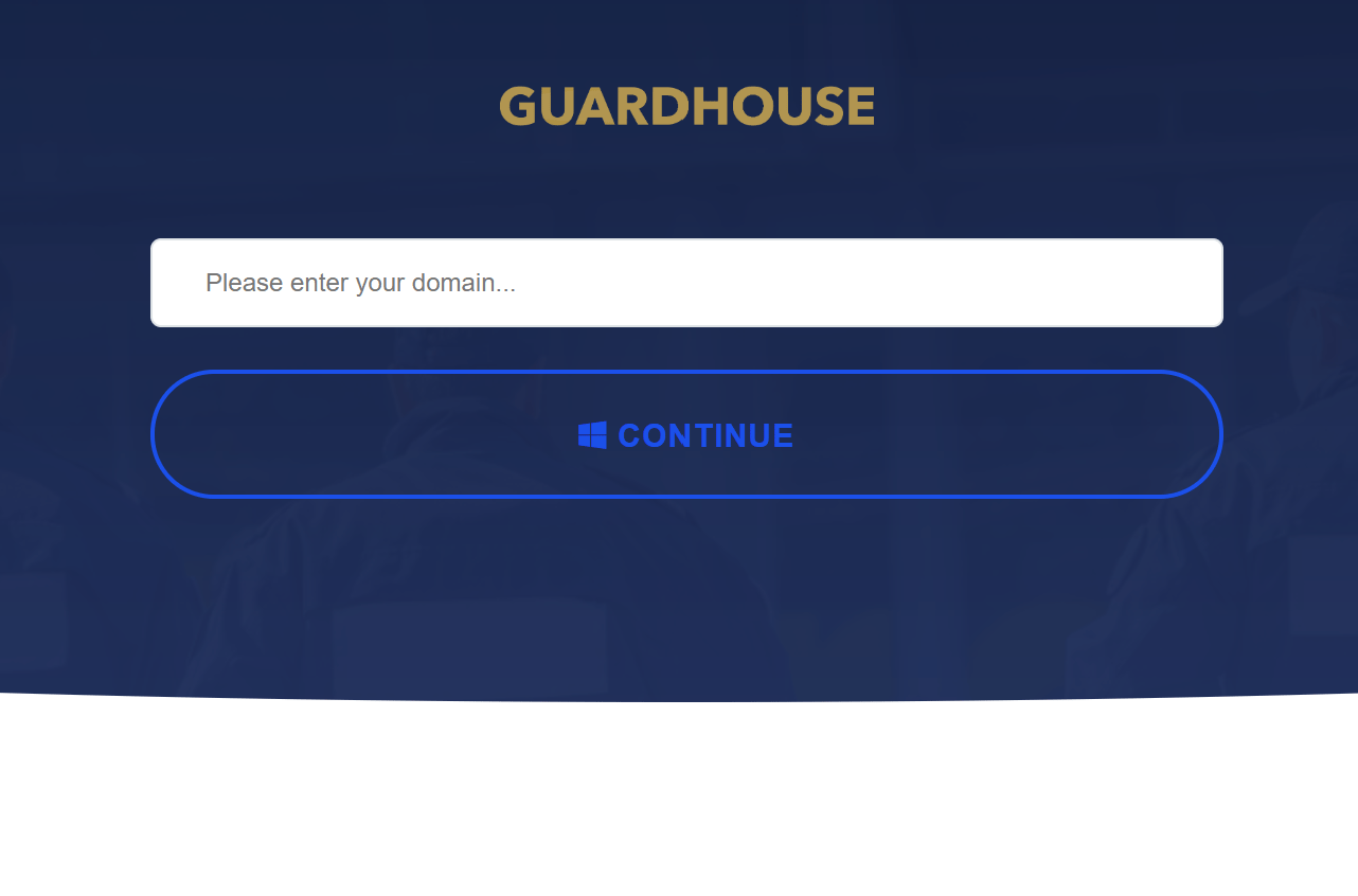 Guardhouse sign-in page with a domain input field and a Continue button