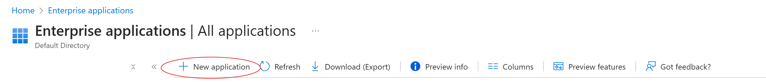Enterprise applications page with New application highlighted in the toolbar