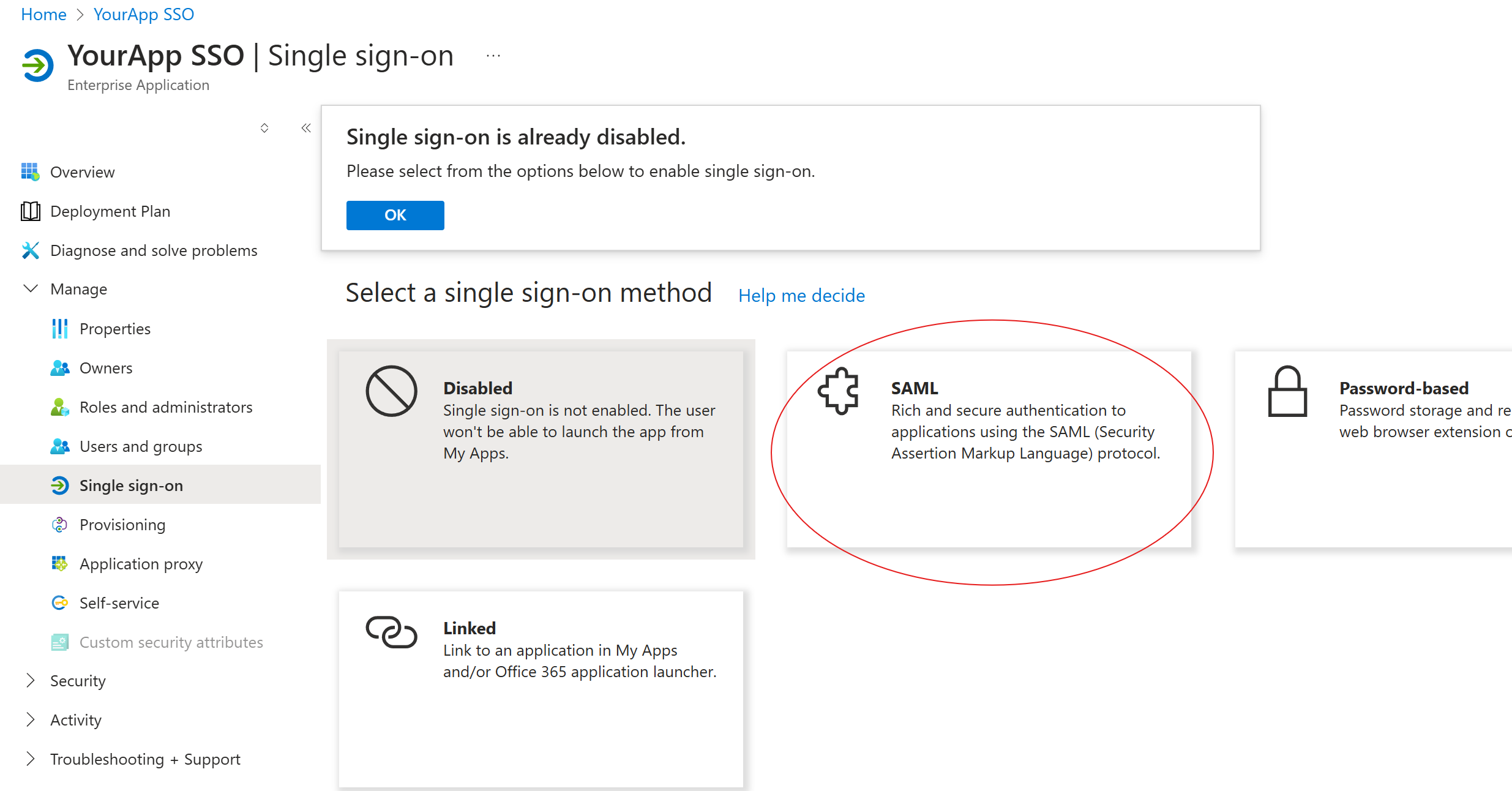 Select a single sign-on method page with the SAML option highlighted