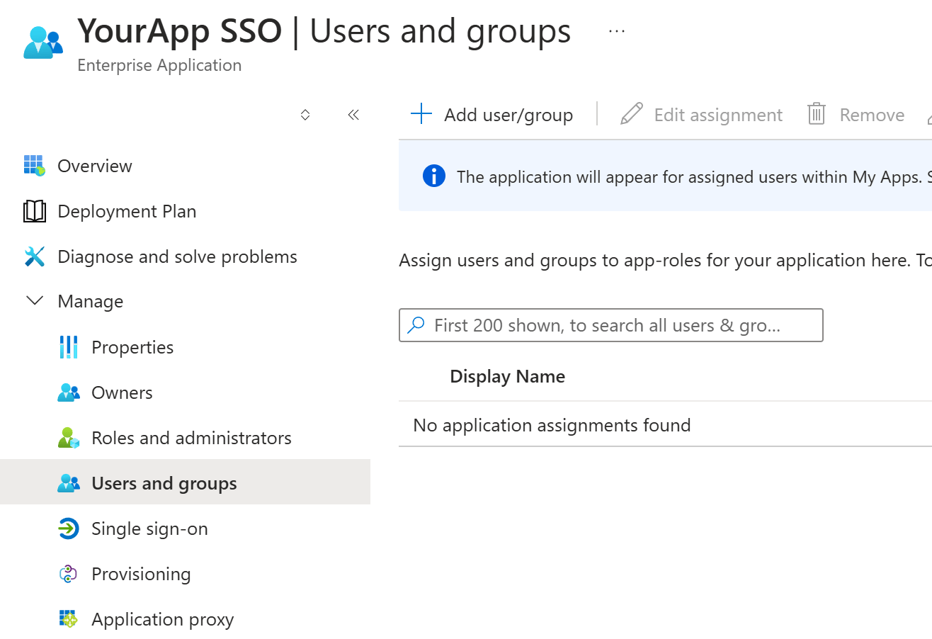 Users and groups page for the enterprise application with Add user/group in the toolbar