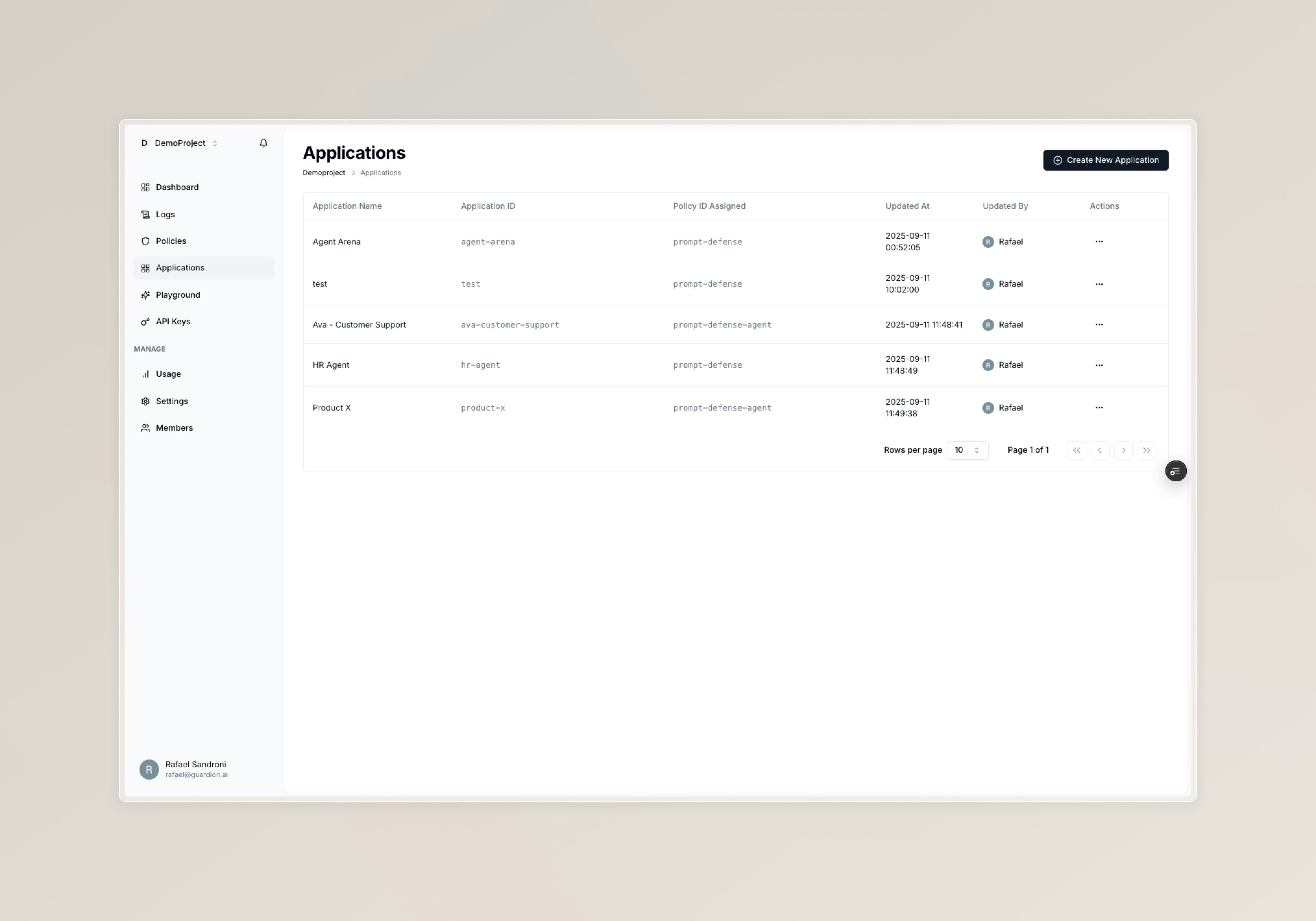 Applications overview showing logs and policy assignments by app