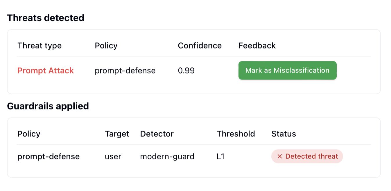 Detailed feedback interface showing classification options