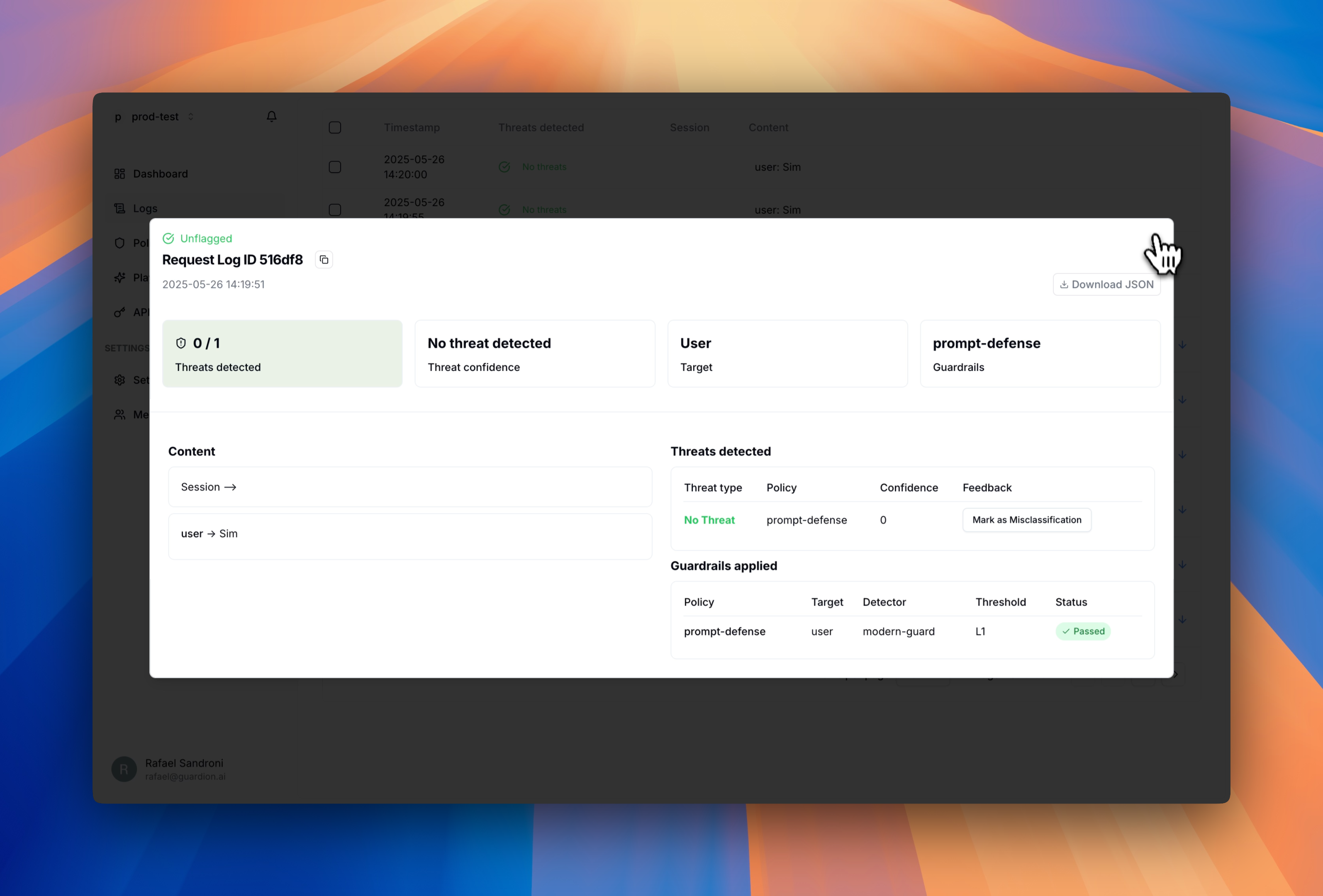 Detailed view of a safe interaction that passed all security checks