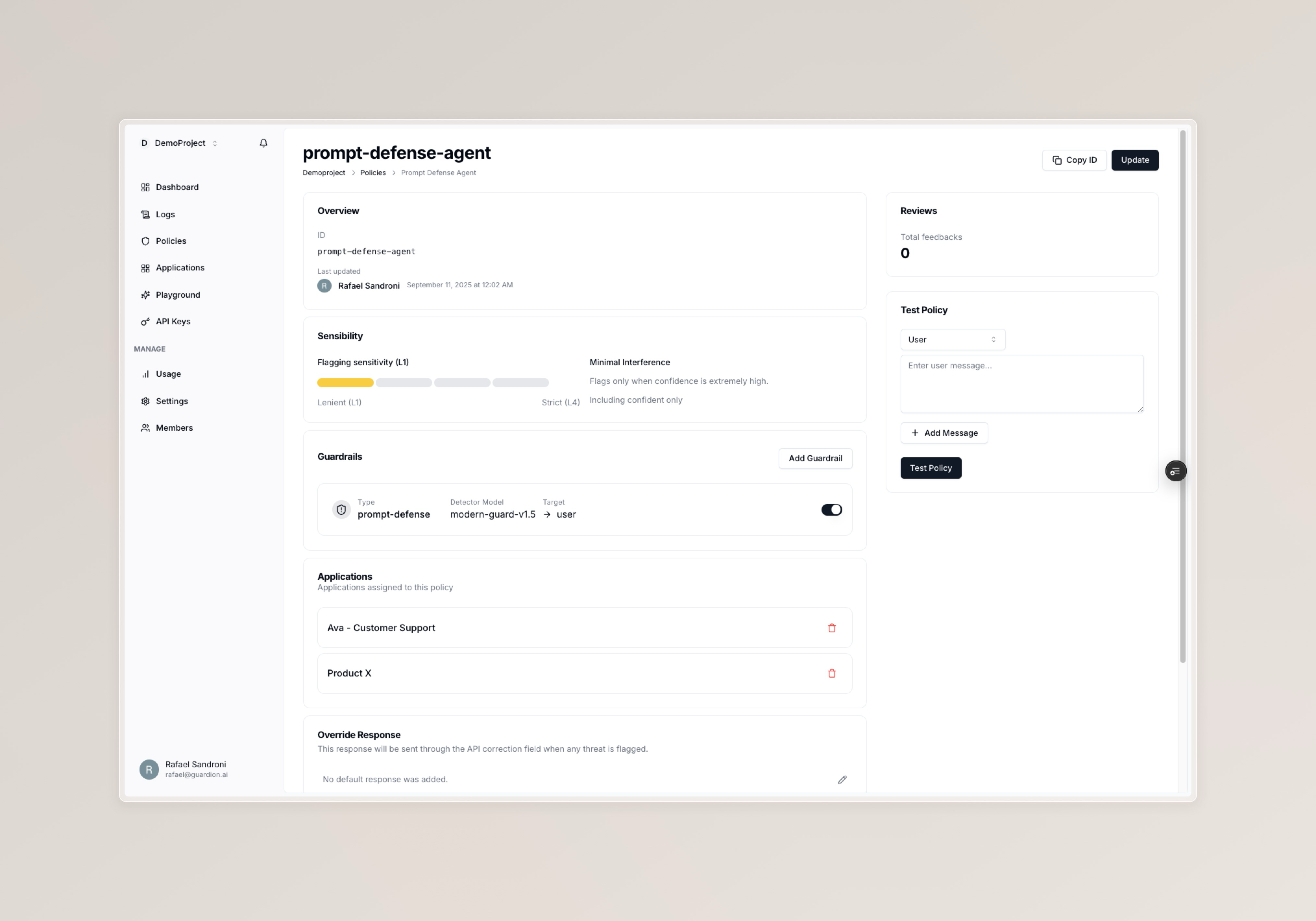 Policy details view with configuration