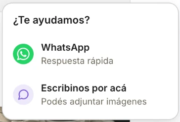 Menú del botón de ayuda con las opciones WhatsApp y Escribinos por acá