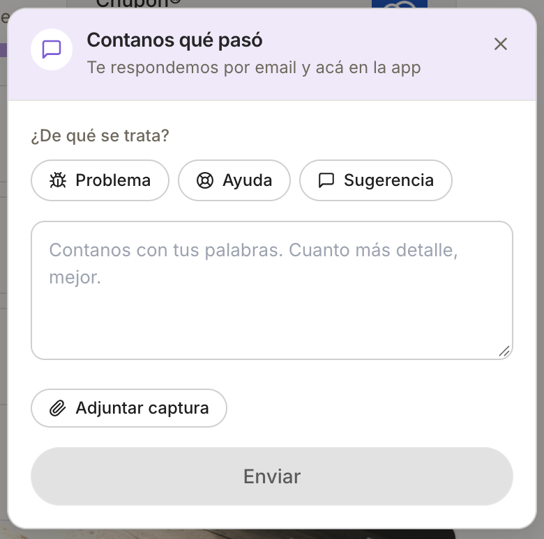 Panel Contanos qué pasó, con las categorías Problema, Ayuda y Sugerencia y el botón Adjuntar captura