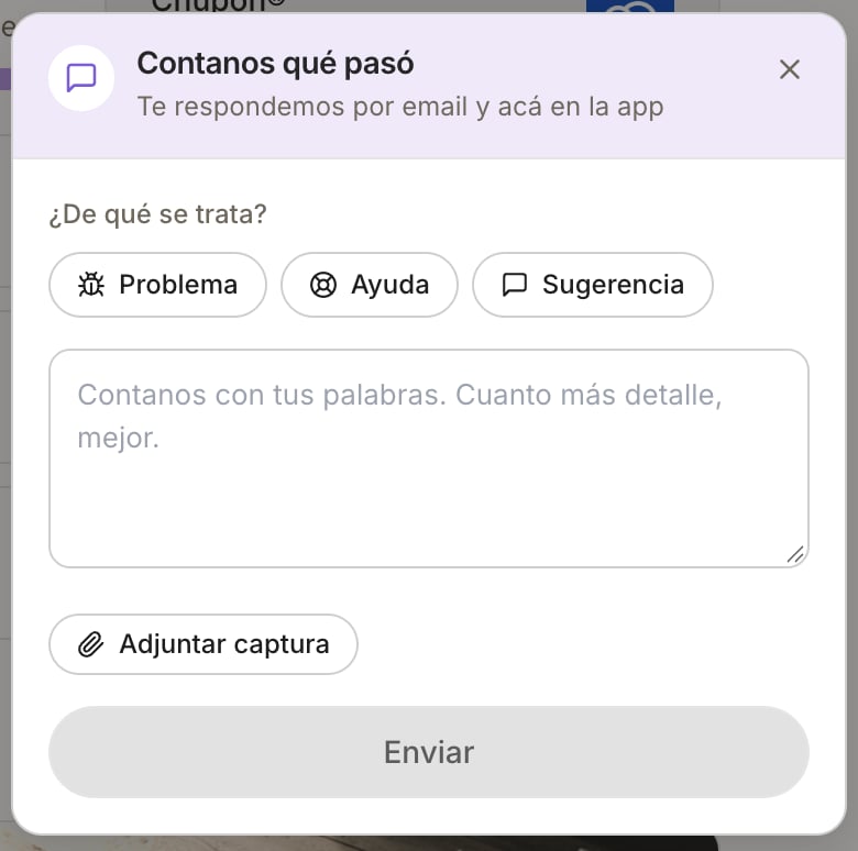 Panel Contanos qué pasó, con las categorías Problema, Ayuda y Sugerencia y el botón Adjuntar captura