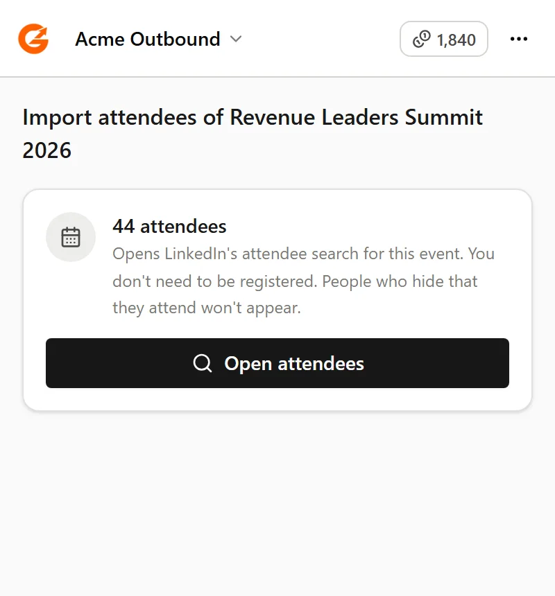 The panel on an event page with an Open attendees button