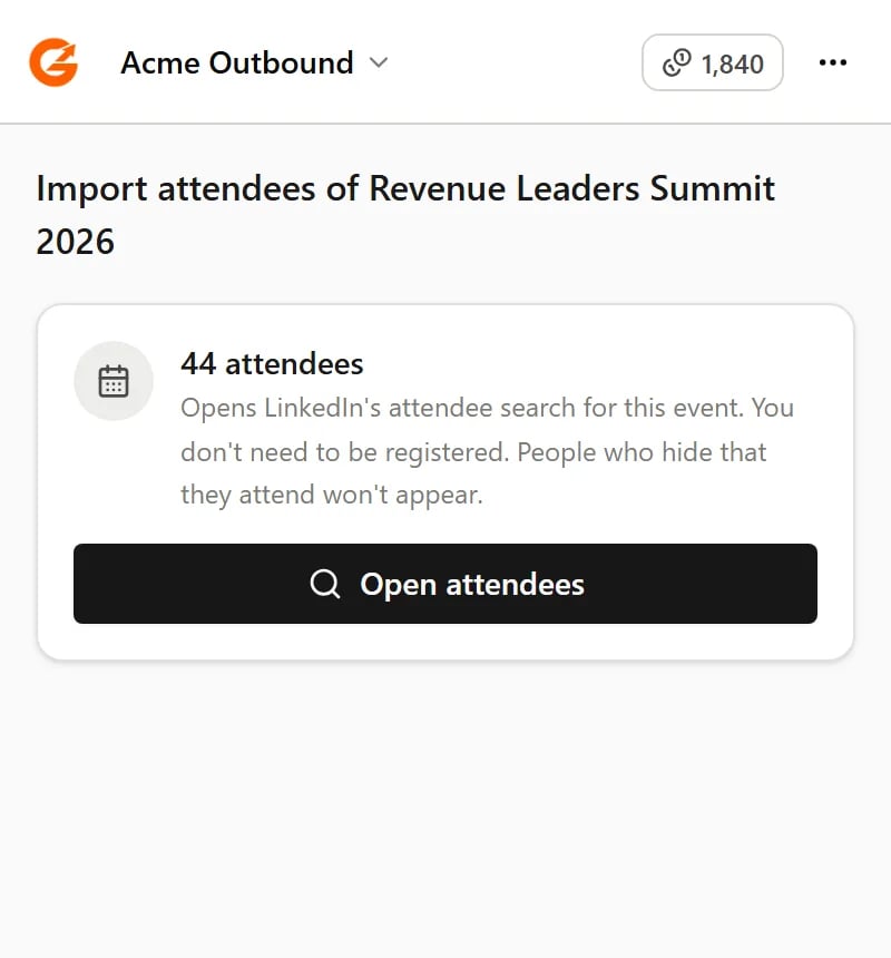 The panel on an event page with an Open attendees button