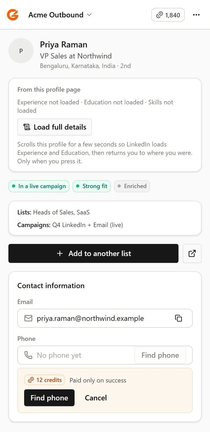 The contact section asking to confirm the cost before finding a phone number