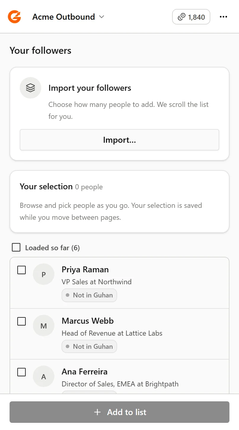 The panel on the followers list with an Import your followers card