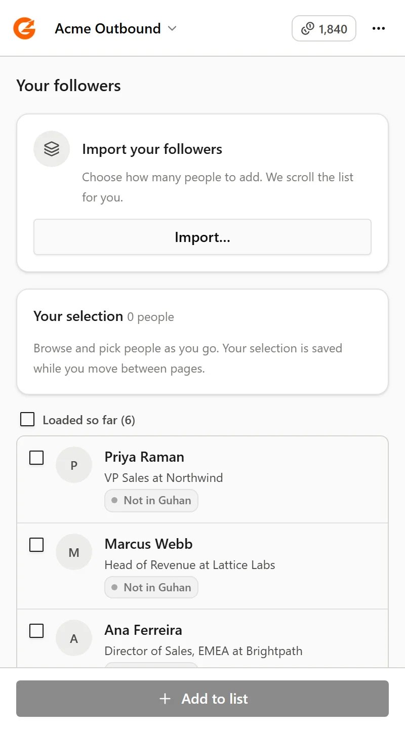 The panel on the followers list with an Import your followers card
