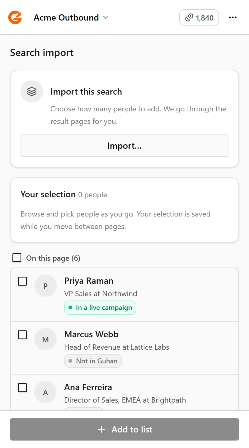The Import from this search card with an Import button, above the people on the page with their status in Guhan