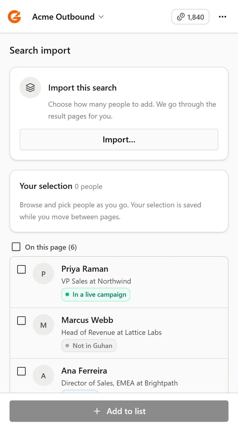 The Import from this search card with an Import button, above the people on the page with their status in Guhan
