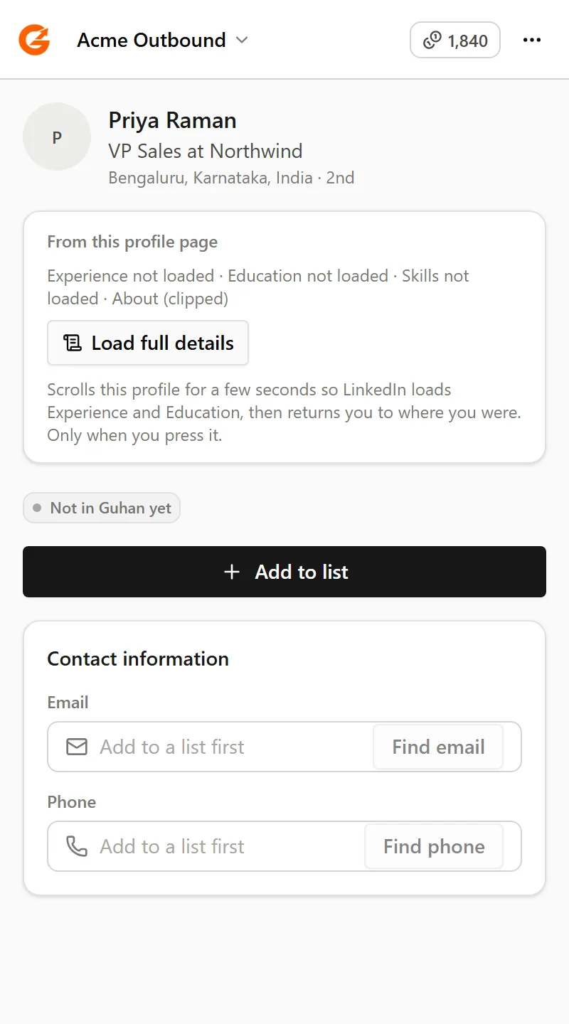 The From this profile page card with a Load full details button