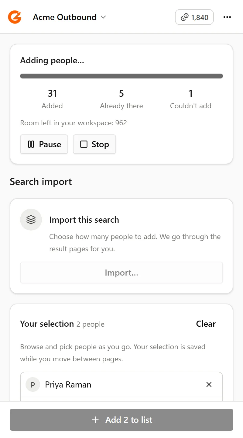 A progress card for a running import with Pause and Stop buttons