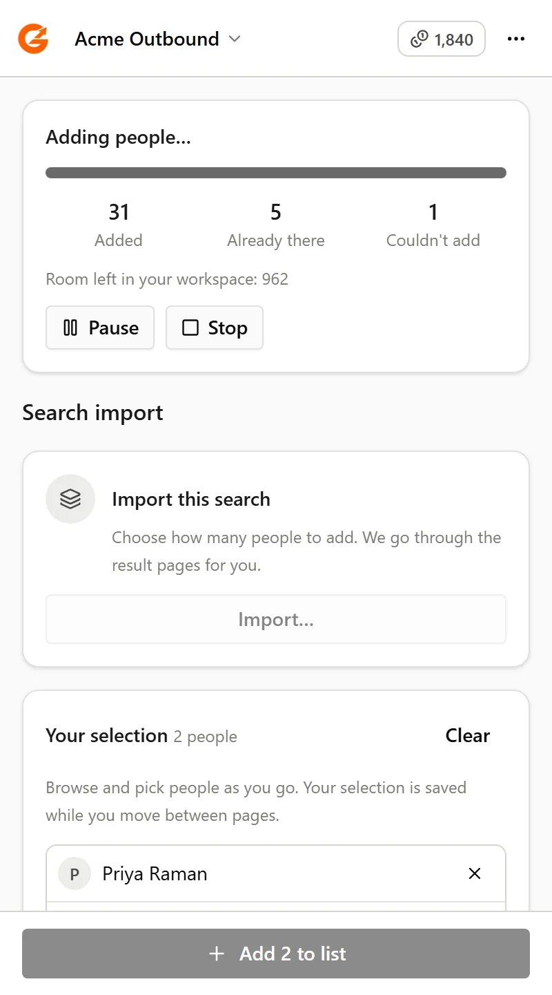 A progress card for a running import with Pause and Stop buttons