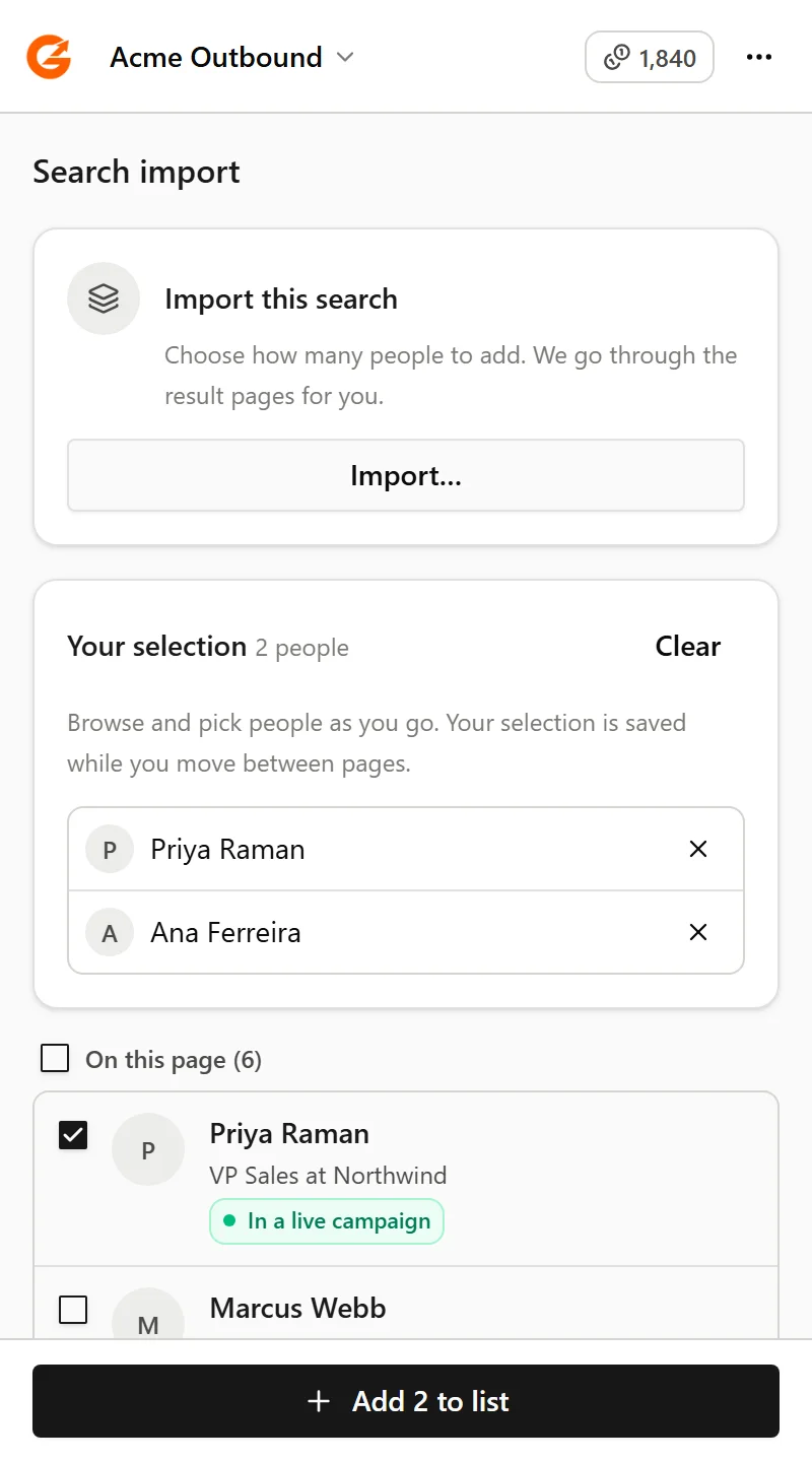 The Your selection card listing two picked people, with an Add 2 to list button