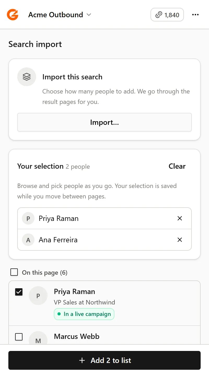 The Your selection card listing two picked people, with an Add 2 to list button