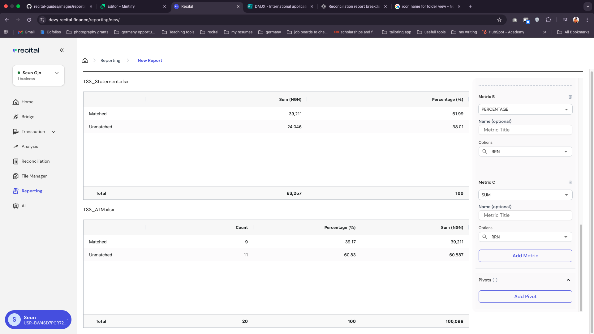 Recital Reporting Pivot UI
