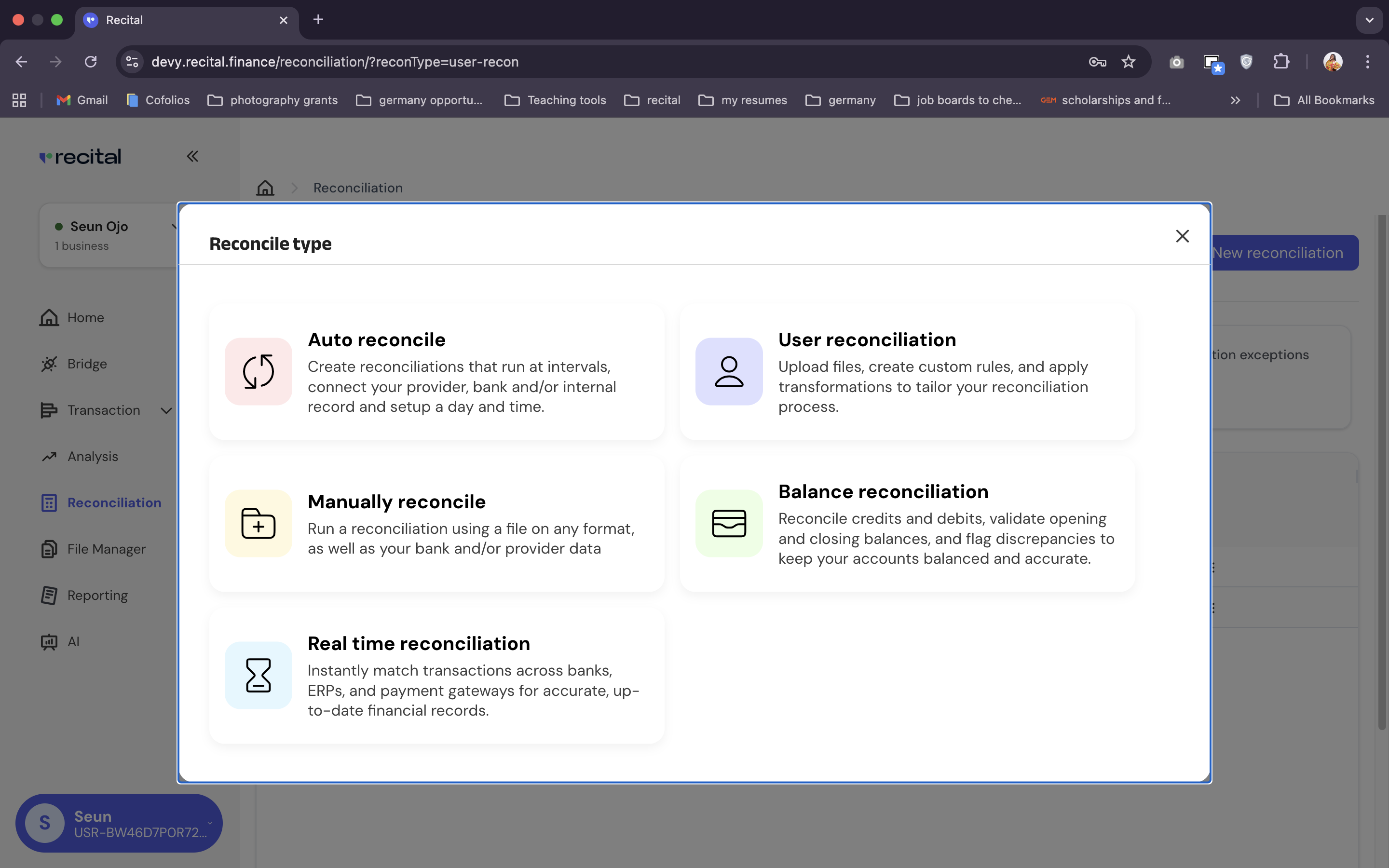 Reconciliation Recon Type Menu