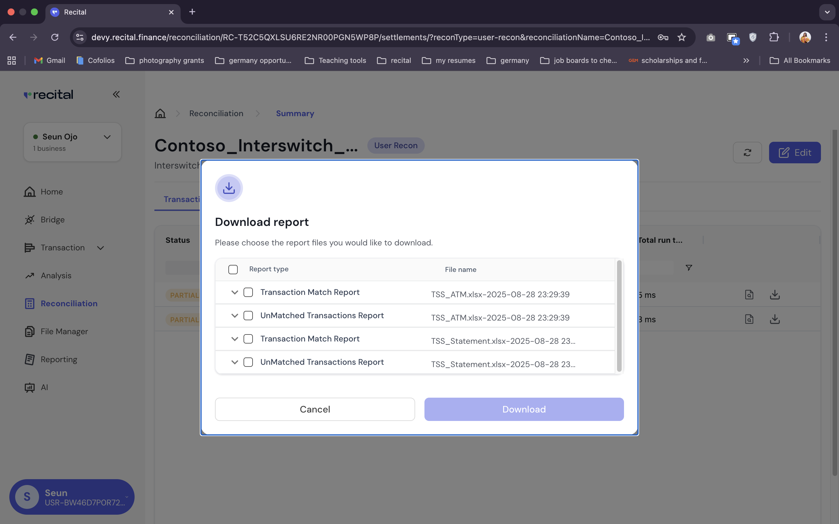 Reconciliation Run List Page Data Export