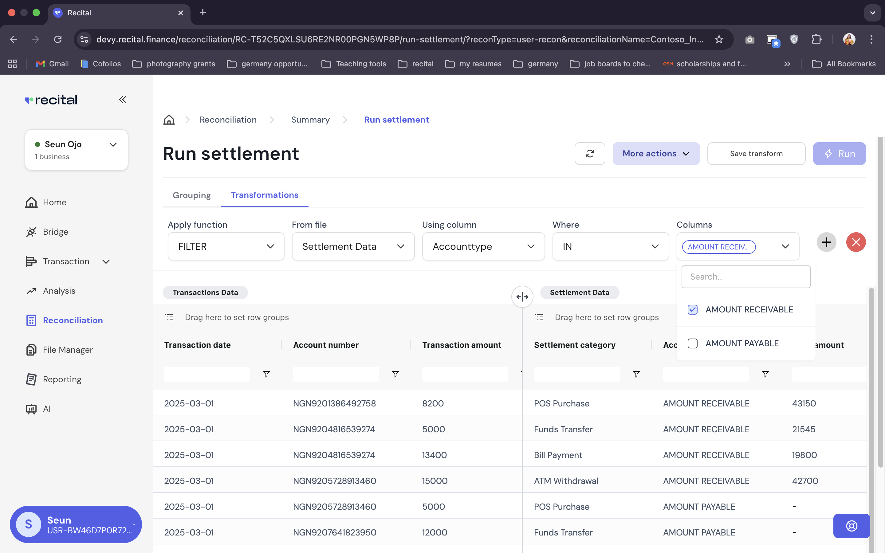 Settlement Reconciliation Transformation uUle Page