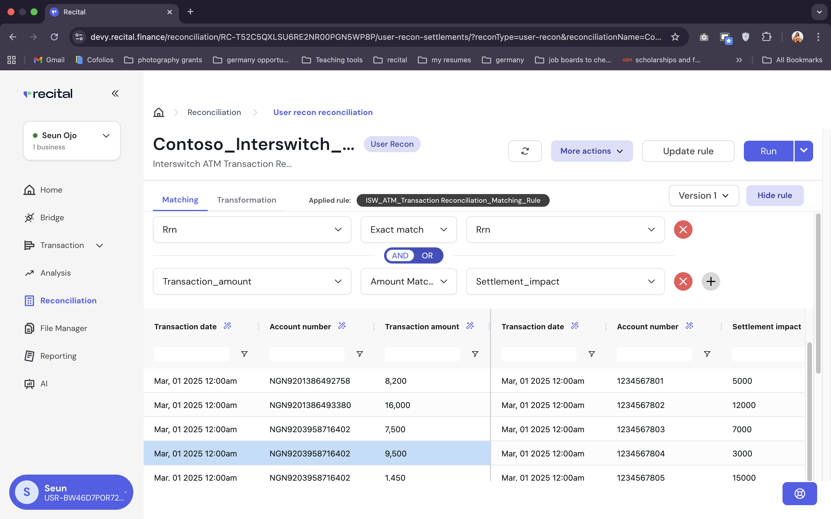 Reconciliation User Recon Matching Rule Filled