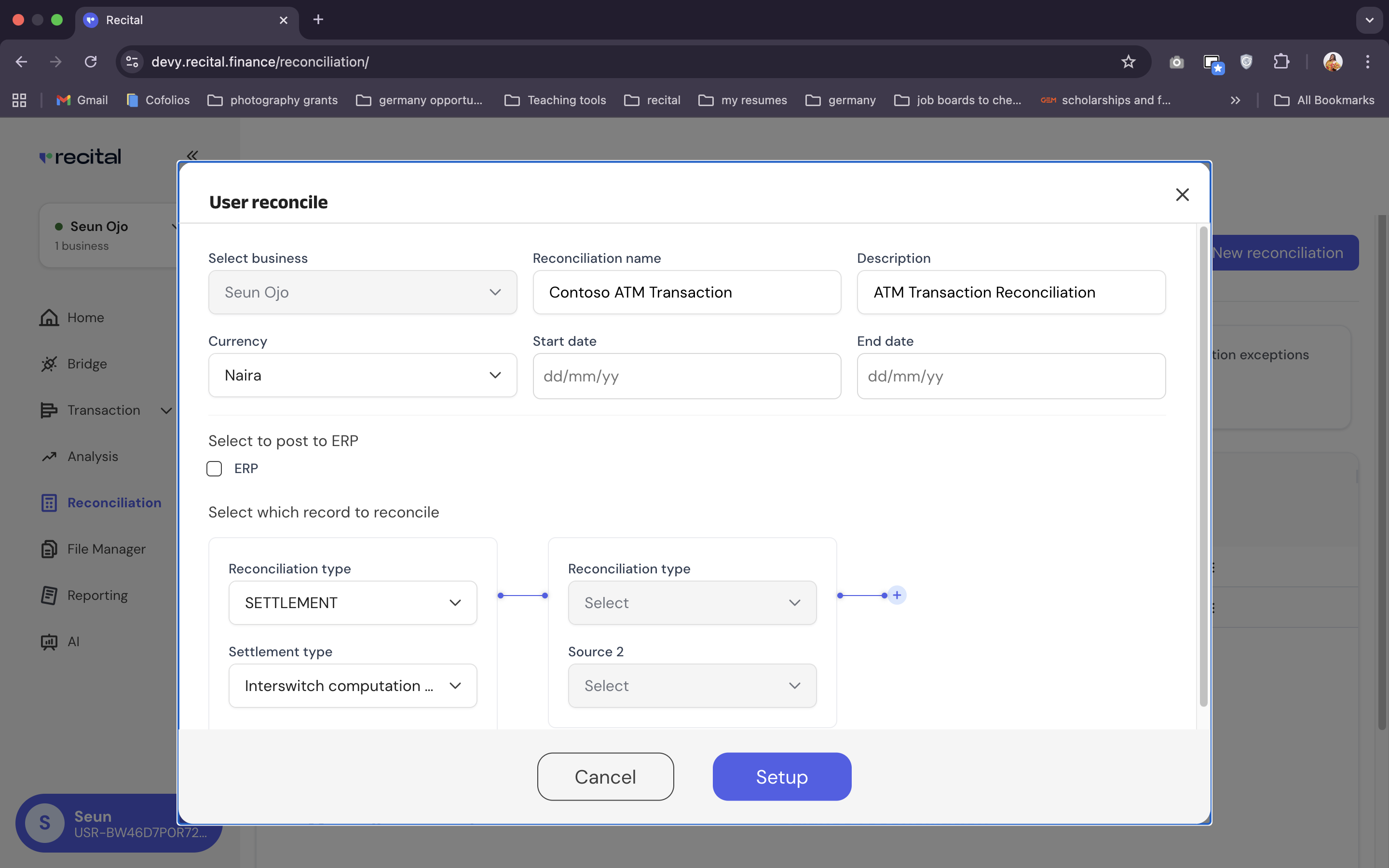 Reconciliation User Recon Set Up Dialog