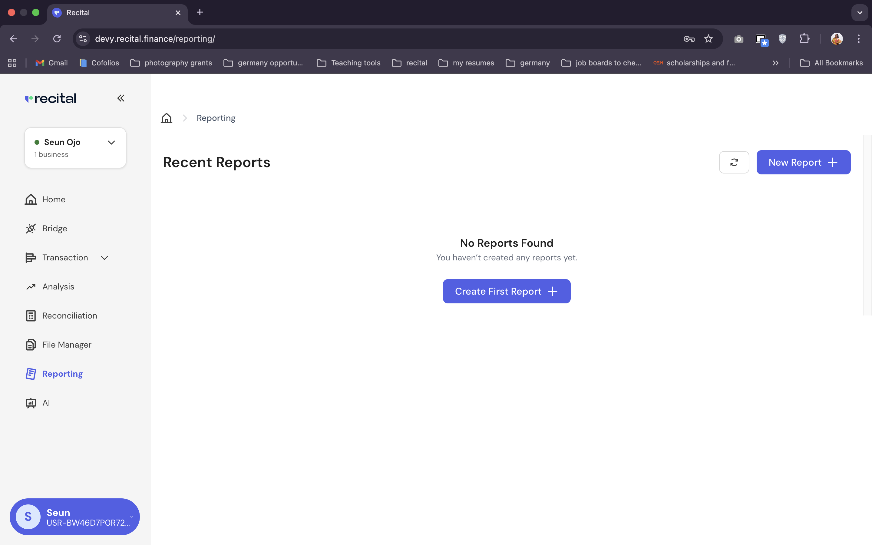 Recital Report Home Page, with Existing Report List