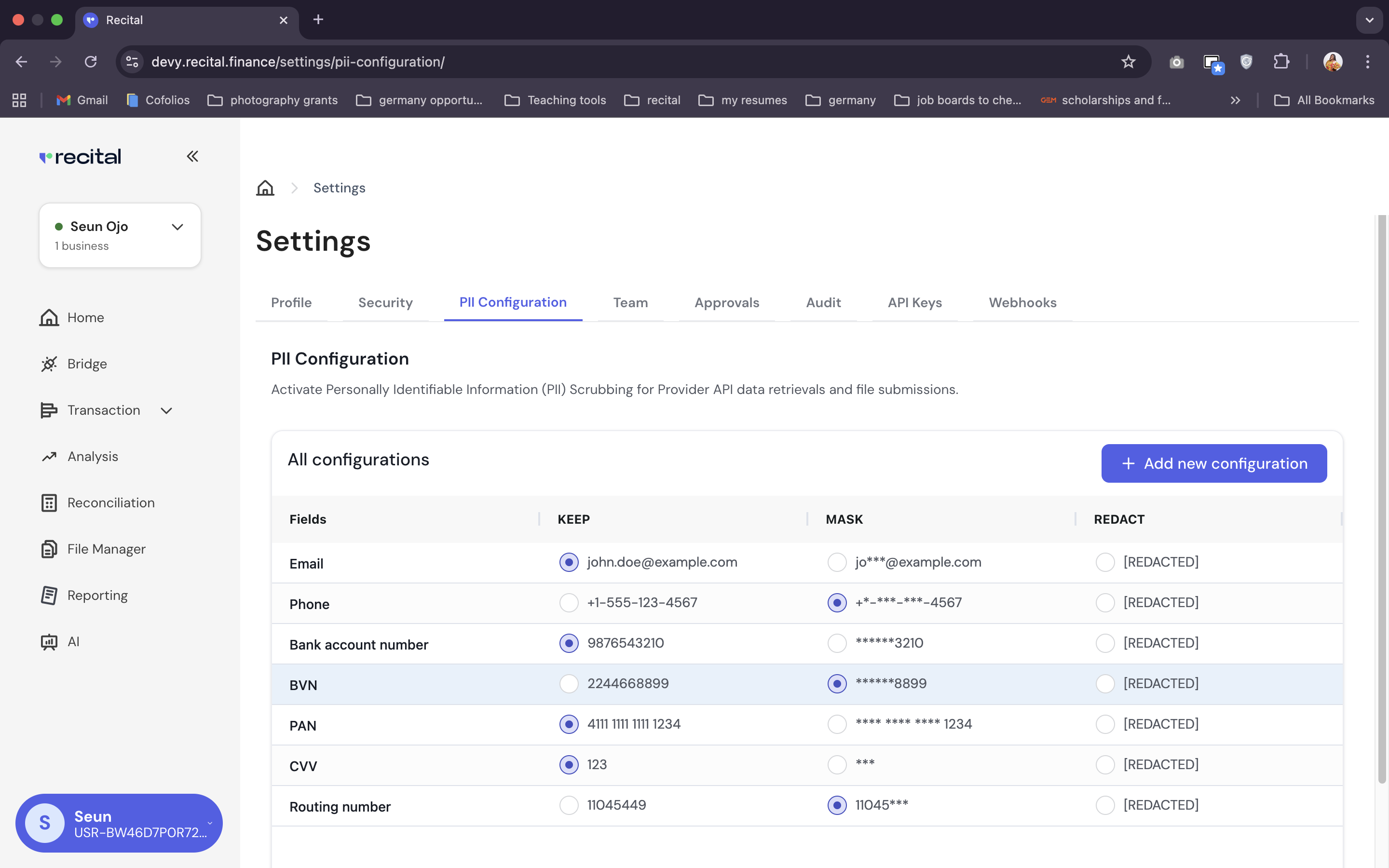 PII Configuration on the Settings Page