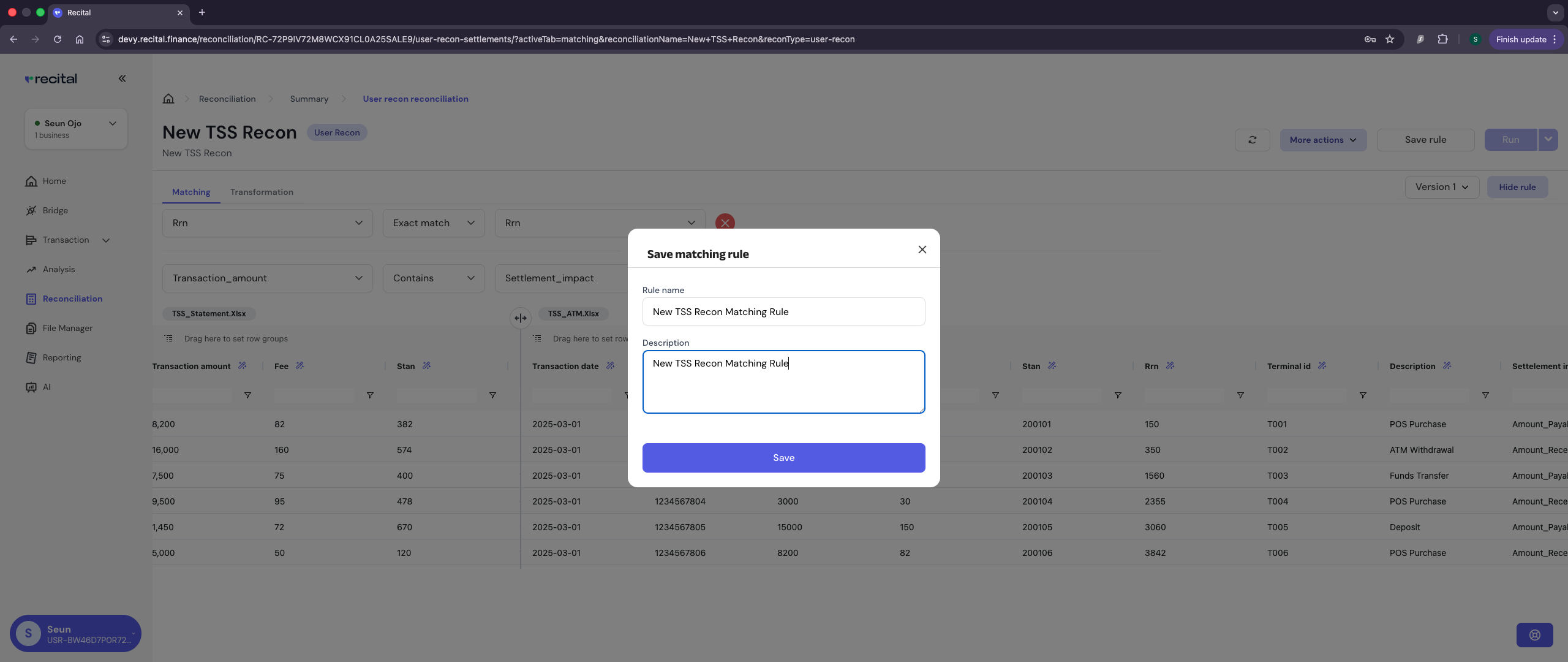 Reconciliation User Recon Matching Rule Save