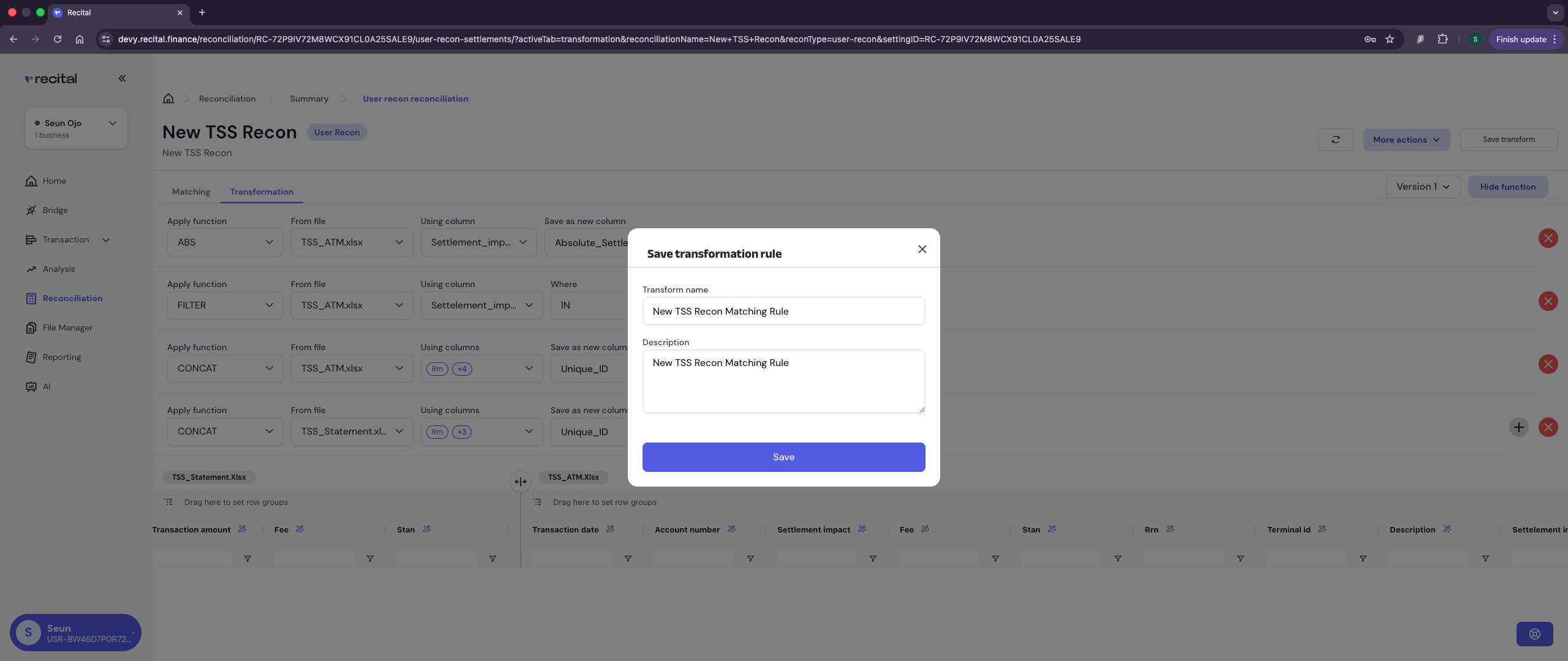 Reconciliation User Recon Transformation Rule Save
