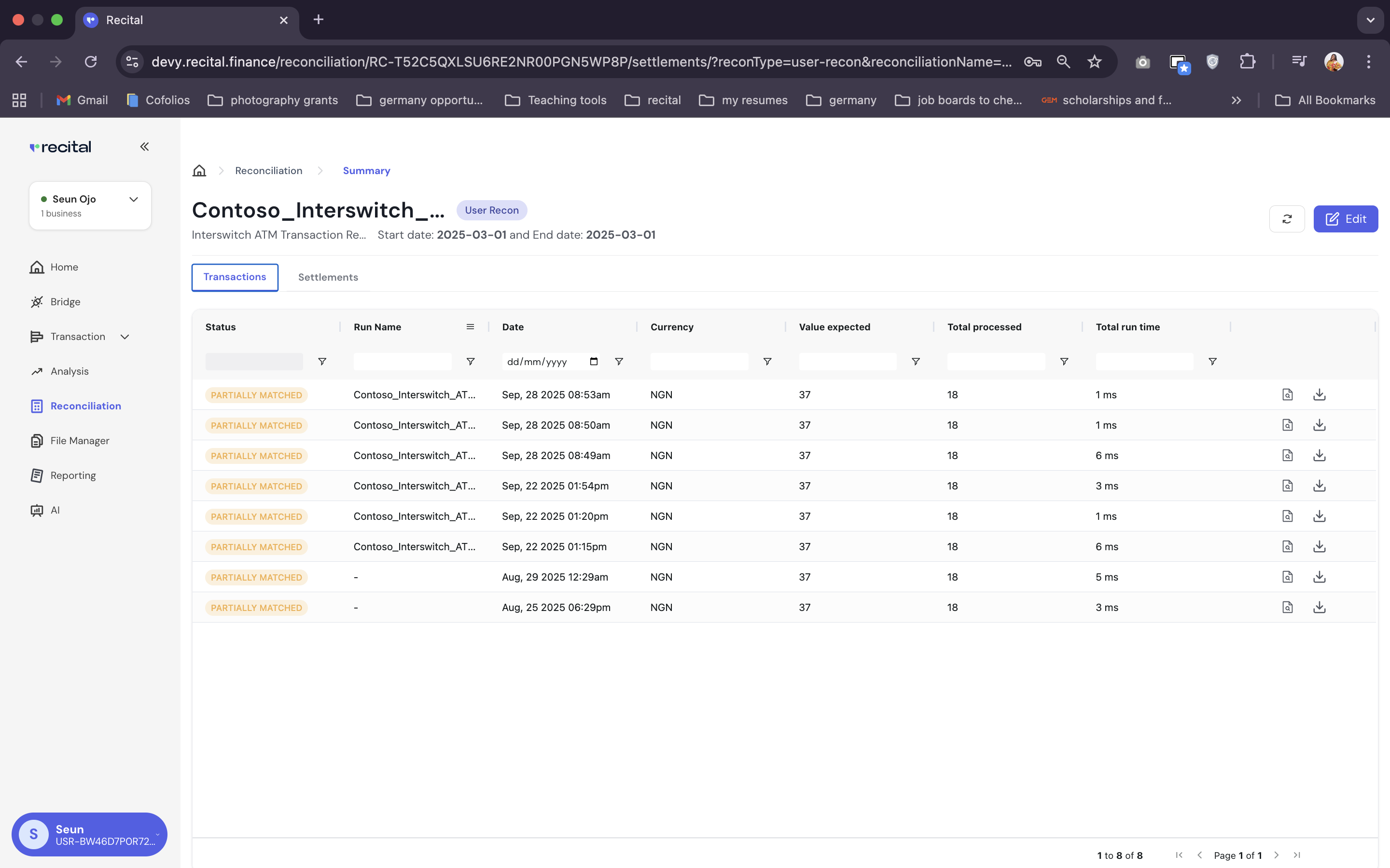Reconciliation Run List