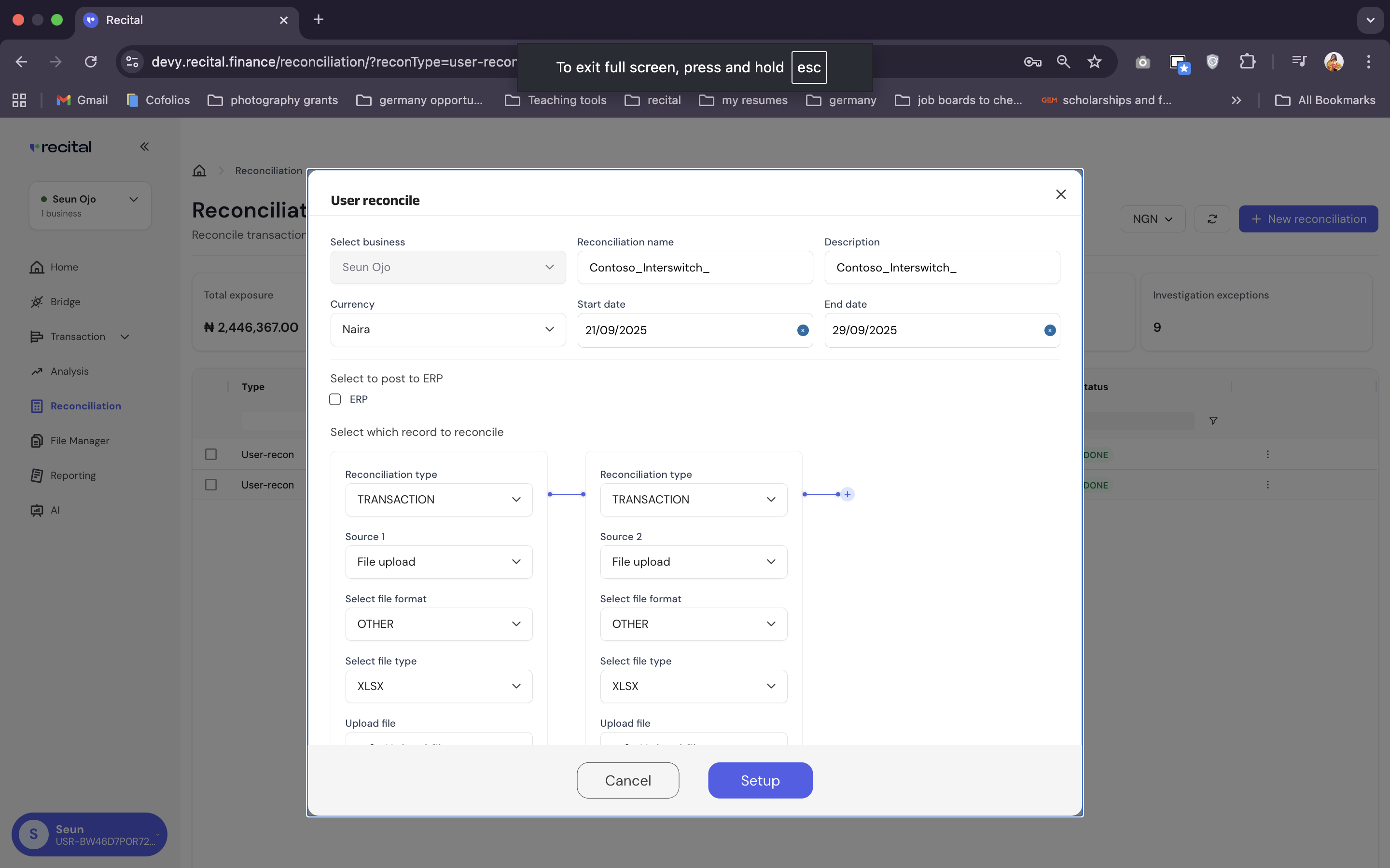Reconciliation User Recon Set Up Filled