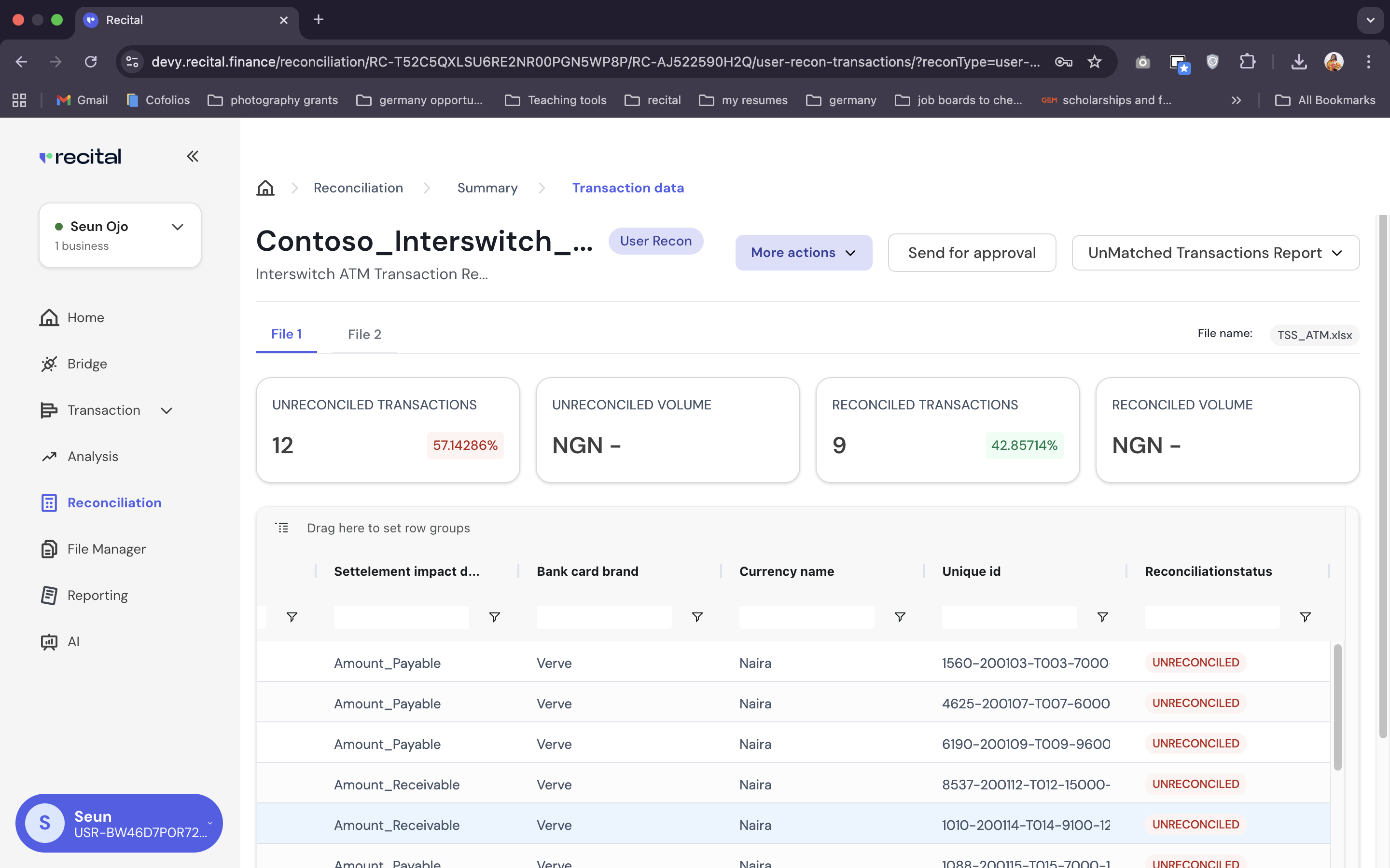 Reconciliation Run Summary Page File 1 Unmatached