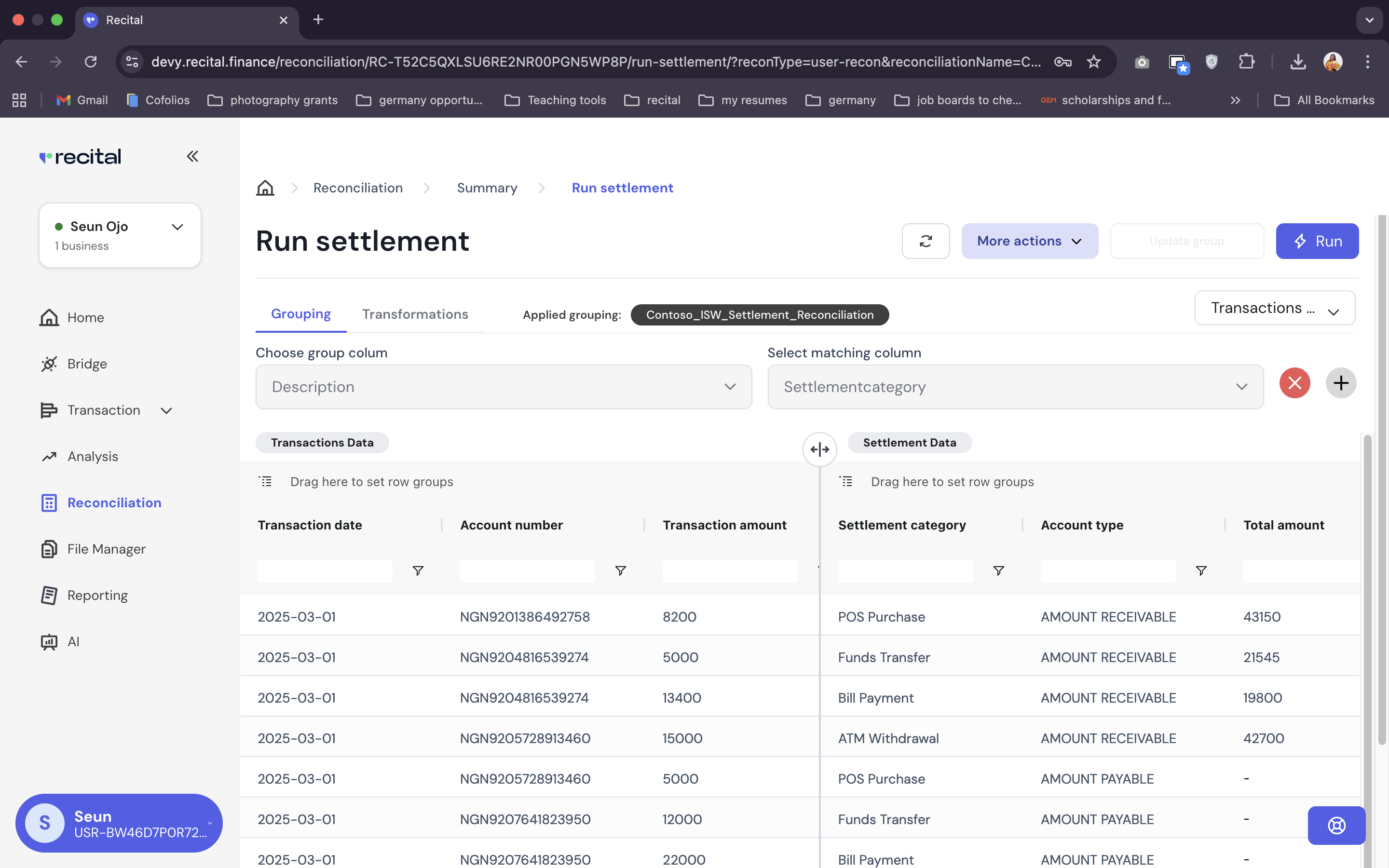 Settlement Reconciliation Grouping Page