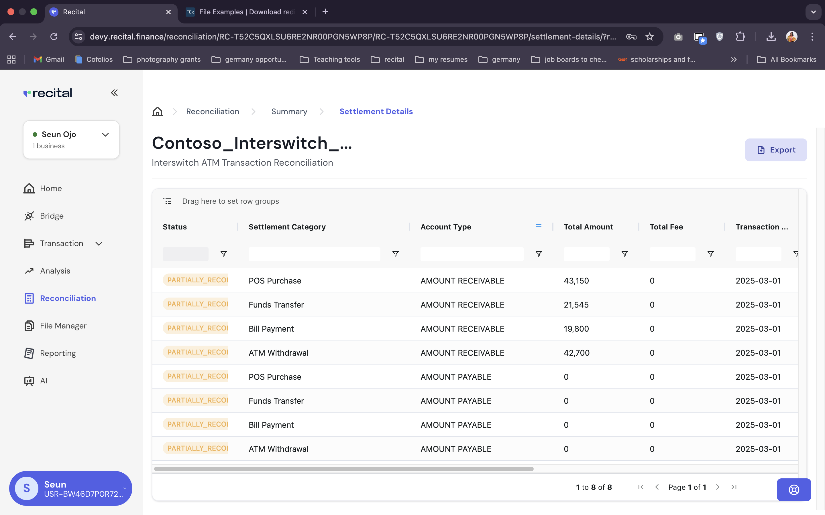 Settlement Reconciliation Transformation Outcome Data Page