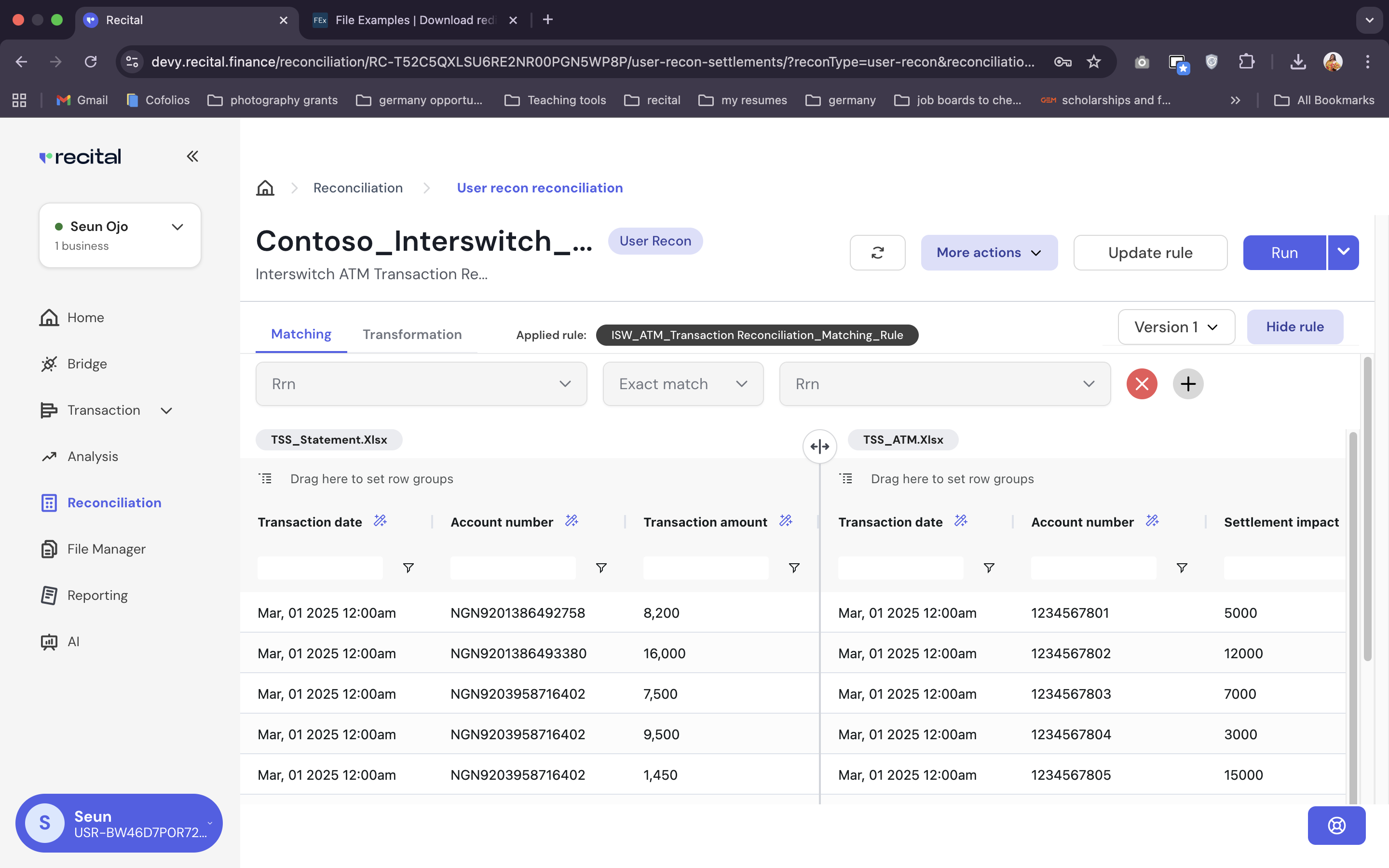Reconciliation User Recon Matching Page