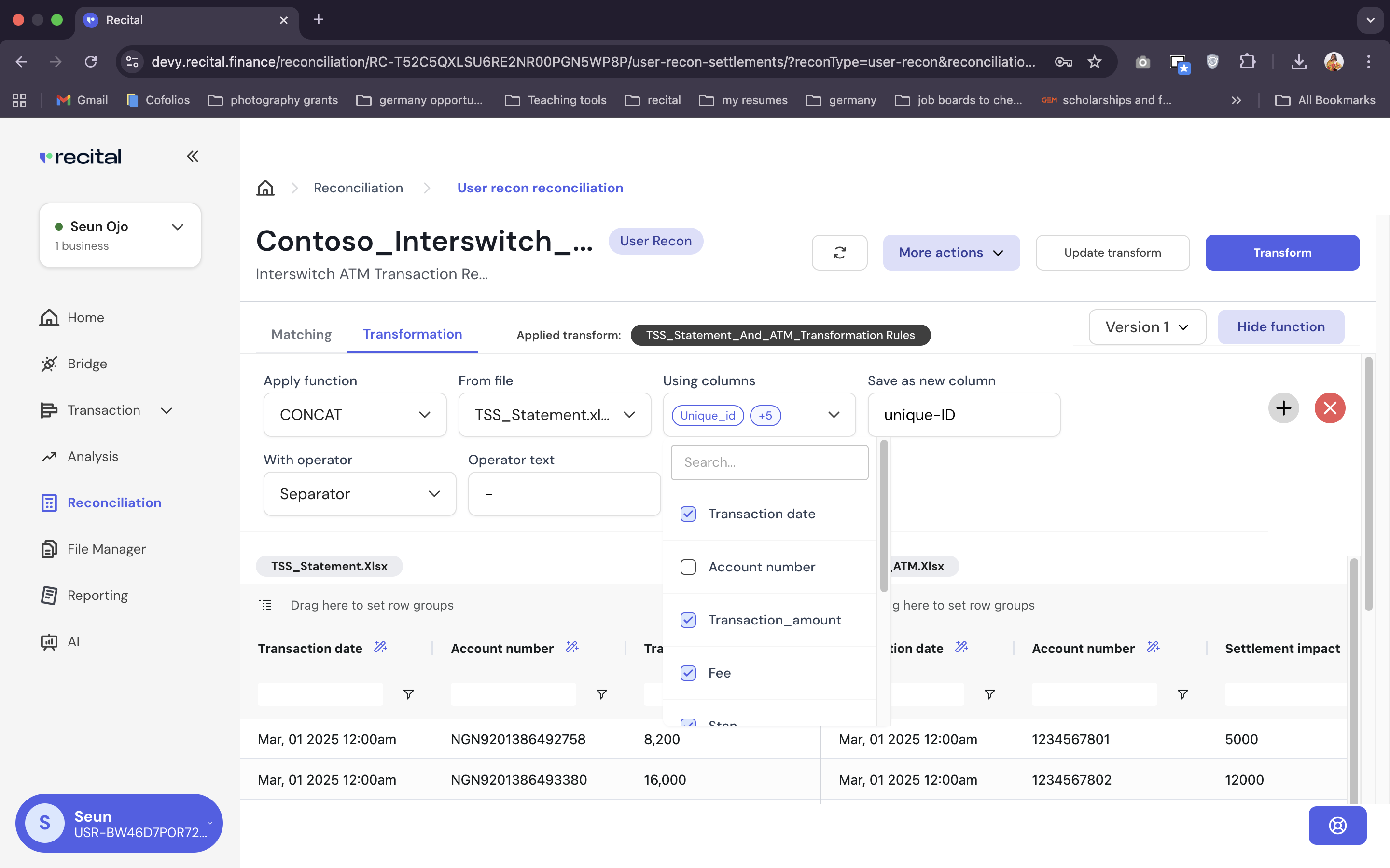 Reconciliation User Recon Matching Page